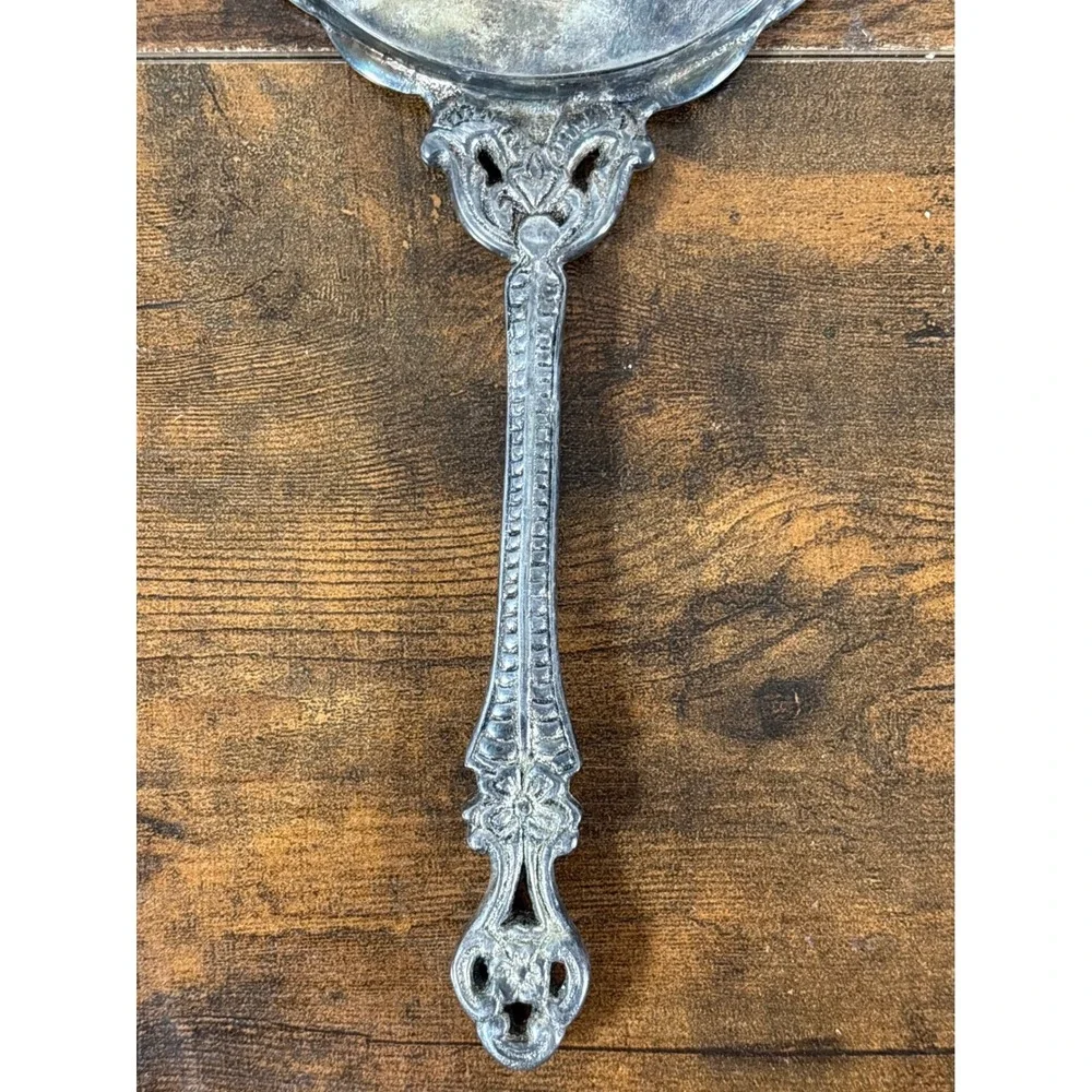 Vintage Ornate Silver Tone Handheld Vanity Mirror Embossed Floral Scrollwork